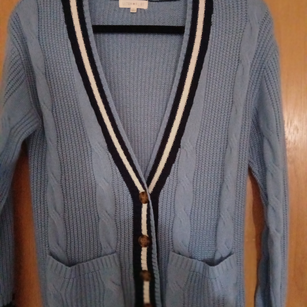 Blue Cable Knit Cardigan with Striped Trim